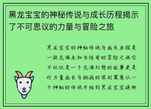 黑龙宝宝的神秘传说与成长历程揭示了不可思议的力量与冒险之旅